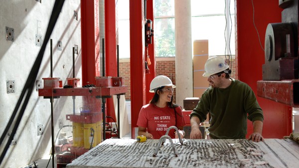 An undergraduate student works in the Constructed Facilities Lab on Centennial Campus. Photo by Marc Hall