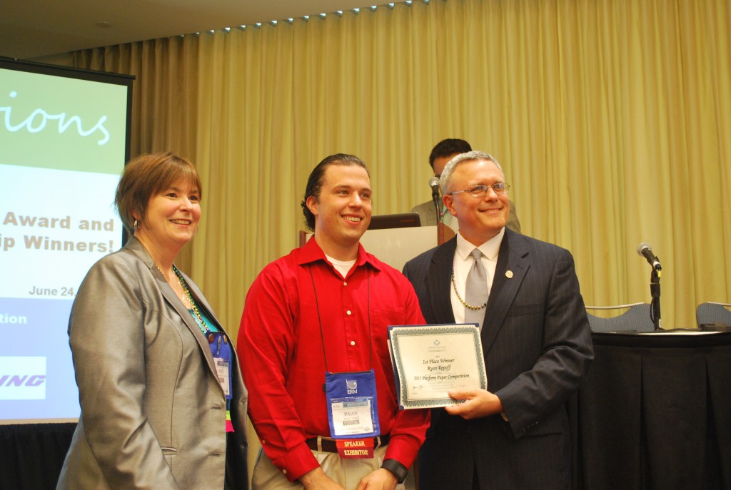 Ryan Repoff (MSENE, 2015) (center) receives the 1st Place award in the 2015 Student Platform Paper Competition from the Air & Waste Management Association Director and Education Council Chair Carol Clinton (left) and A&WMA President Dallas Baker (right).