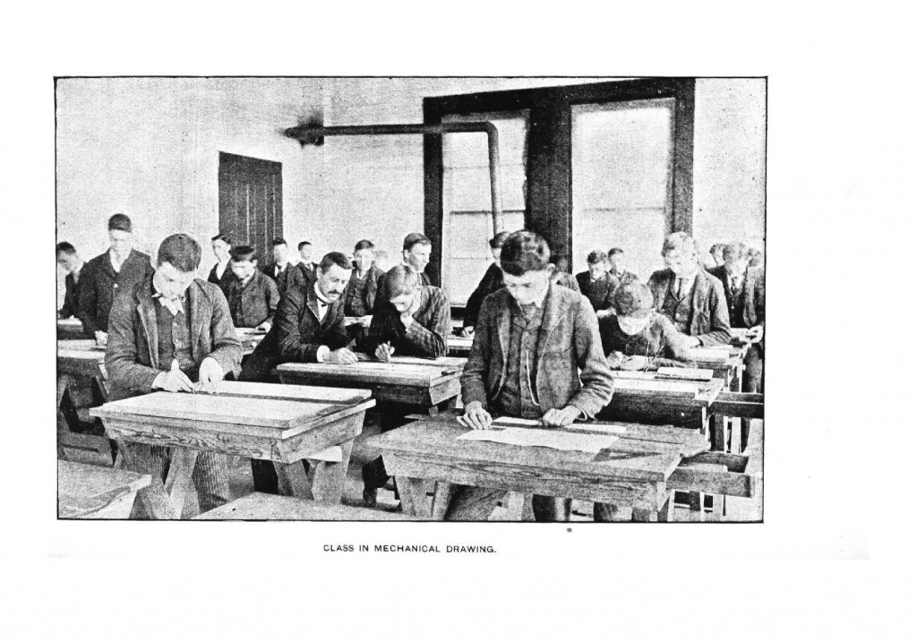 Class in mechanical drawing from 1892 catalog (courtesy NCSU Libraries, Special Collections).